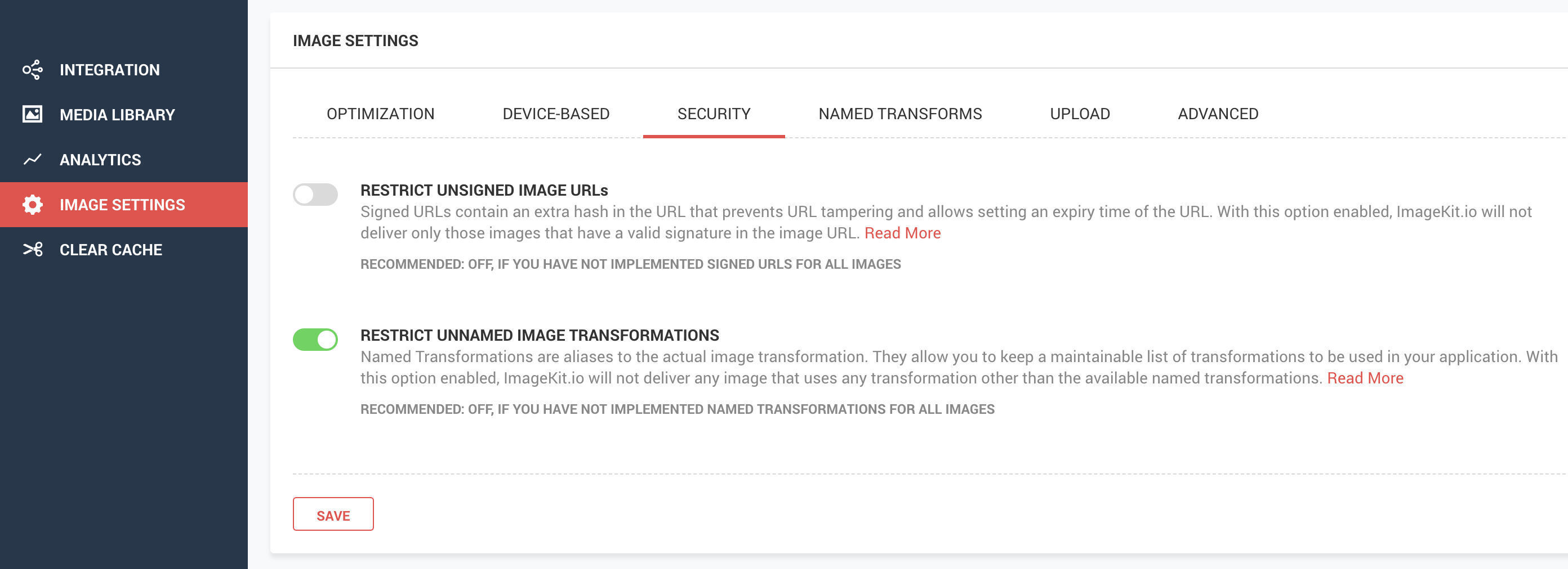 Named Transform Security Setting ImageKit