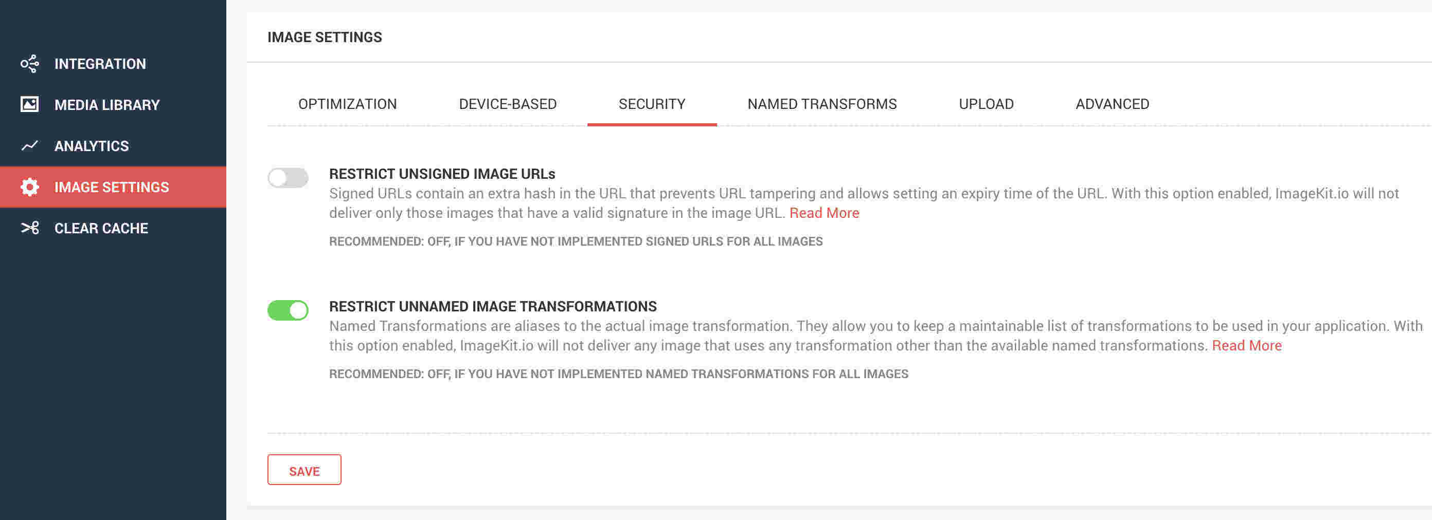 Named Transform Security Setting ImageKit
